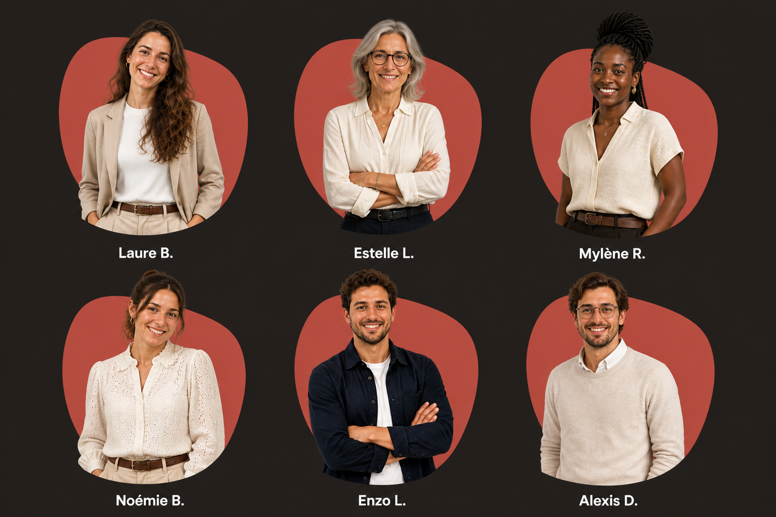 L'équipe Auguste Conciergerie Lyon — Laure, Estelle, Mylène, Noémie, Enzo, Alexis